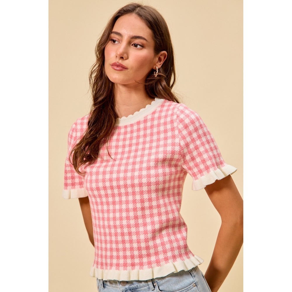 SO ME Gingham Knit Ruffled Short Sleeves Sweater Top - Pink - XL - Picture 4 of 12